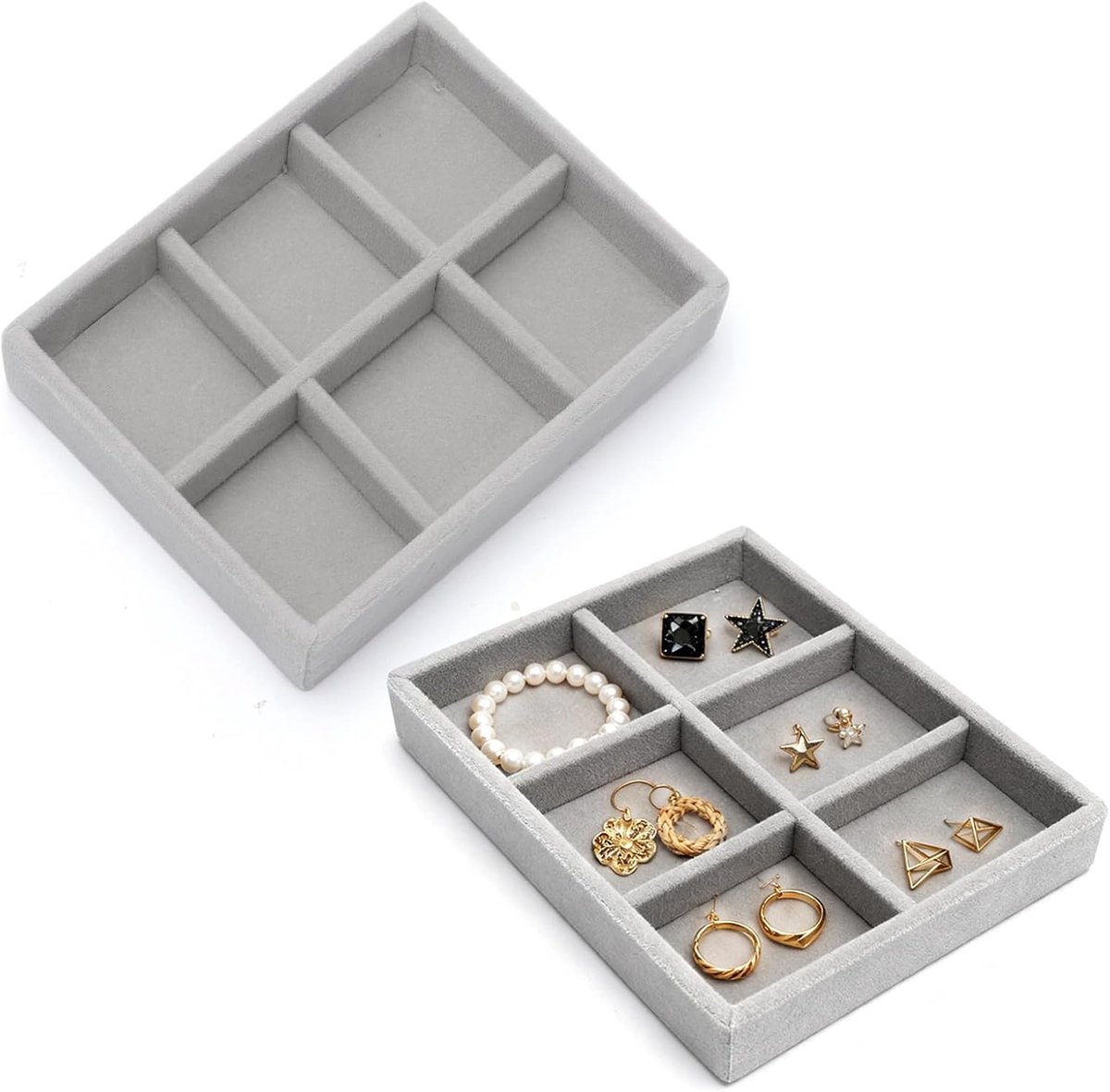 2 Pieces Small Jewellery Tray - Velvet Jewellery Insert for Drawers - Mini Organiser with 6 Compartments - Grey Kleur