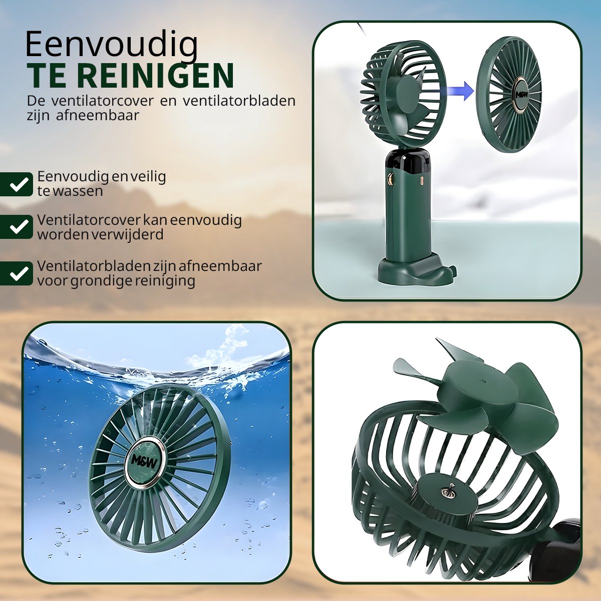 M&W Draagbare Hand Ventilator Hand Fan - Airco Verkoeling USB Ventilatoren - Handventilator Groen — afbeelding 13