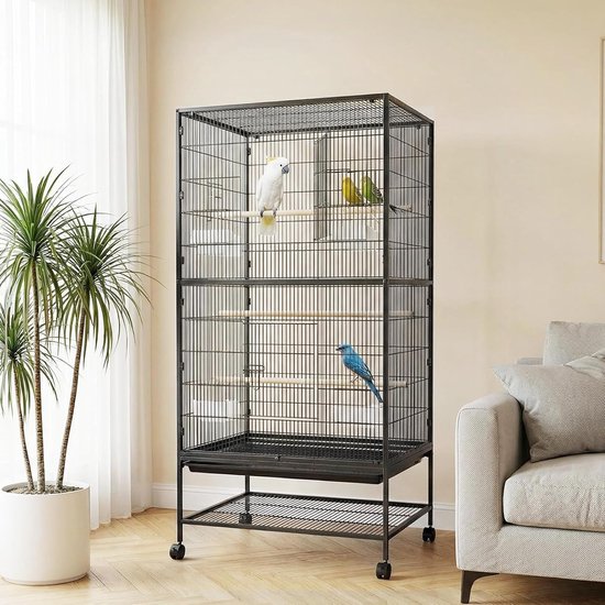 Vogelkooi met rolonderstel - Ruime vogelkooi met opbergplank - Dubbeldeks vogelkooi - 155 × 92 × 57 cm - Zwart
