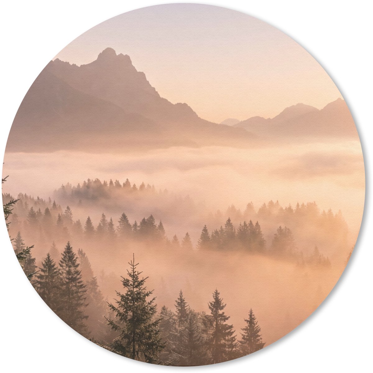 Muismat rond 20x20 cm - Mousepad Zonlicht - Mist - Bergen - Bomen - Ronde muismatten