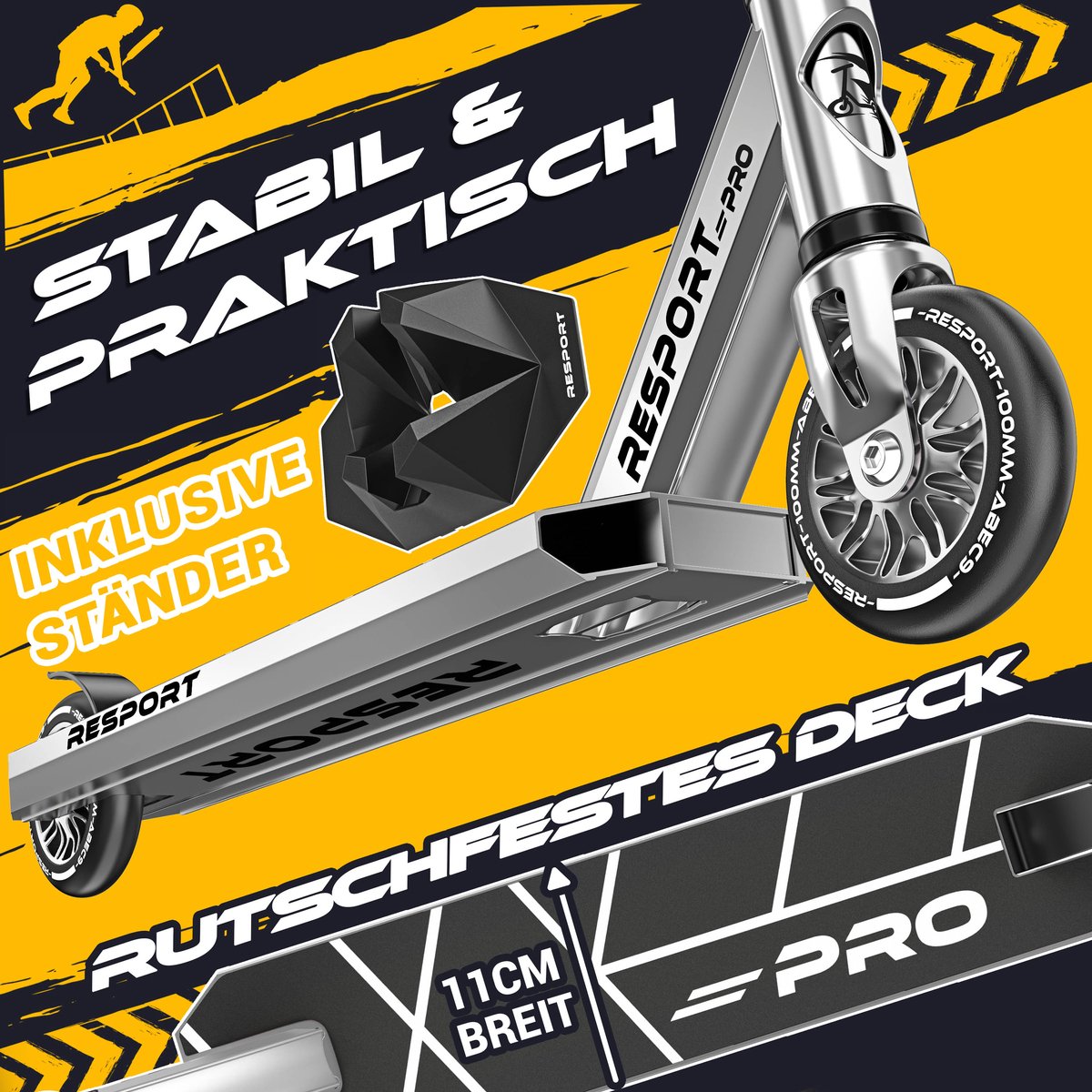 RE:SPORT Revo Pro Stuntstep, voor kinderen en volwassenen, met standaard, 110 mm, PU-wielen en Y-bar, ABEC 9 kogellagers, step (Venom)