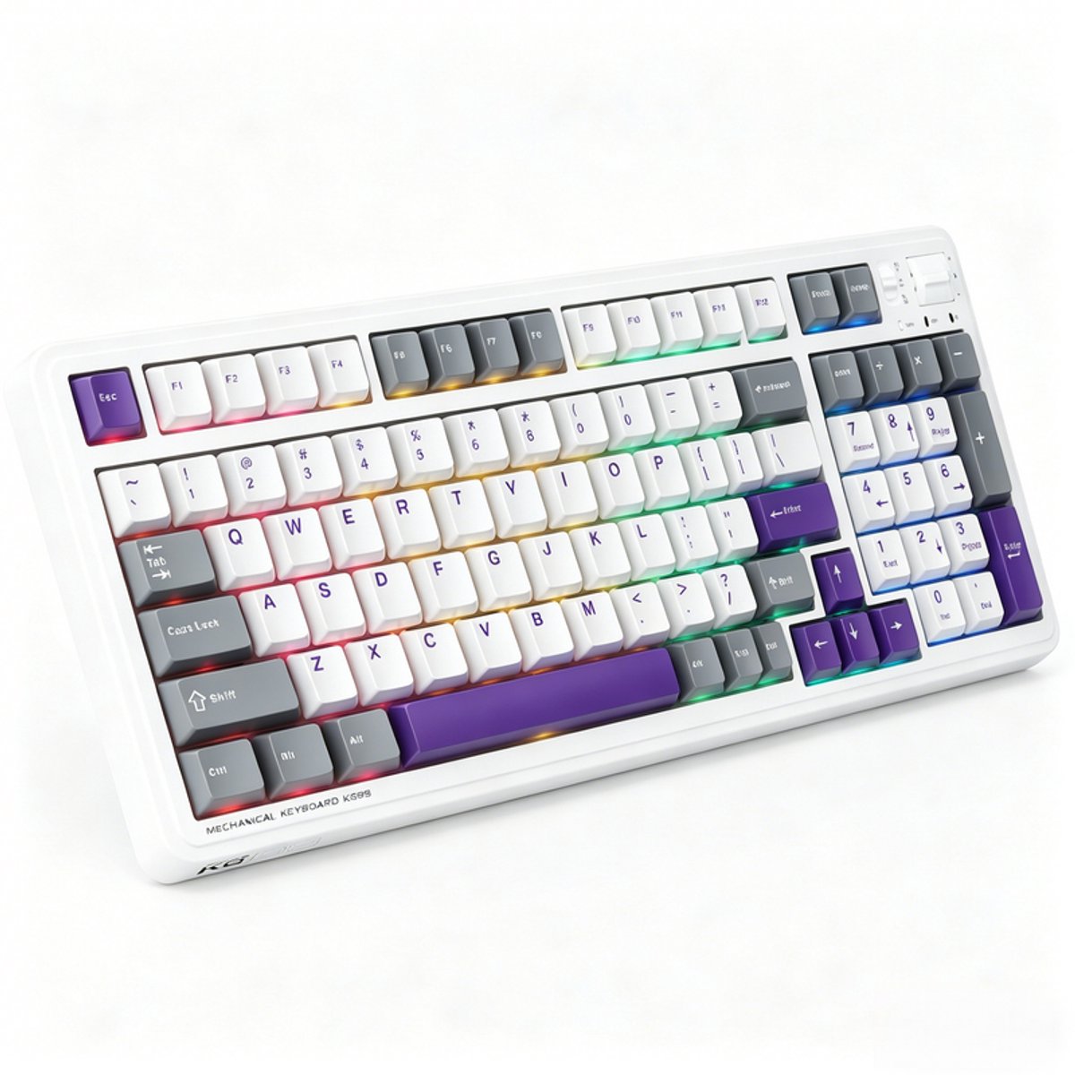 MACHENIKE - Bedrade Toetsenbord - Bluetooth - 97 Toetsen - Paars-Gouden Switch - PBT Keycaps - 5-Laags Opvulling - 8000 mAh Accu - RGB Light Bar - Romig Geluid - Paars