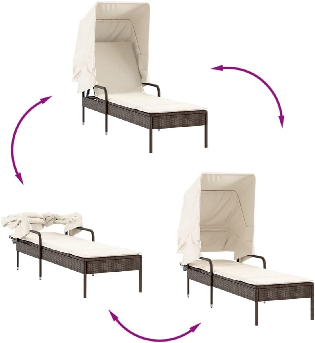 Sun Lounger Set 2-Piece with Adjustable Roof & Side Table – Outdoor Rattan Garden Lounge Chairs with Thick Cushions – Weatherproof PE Rattan Sun Island Recliner Set – Brown – abtkantoor