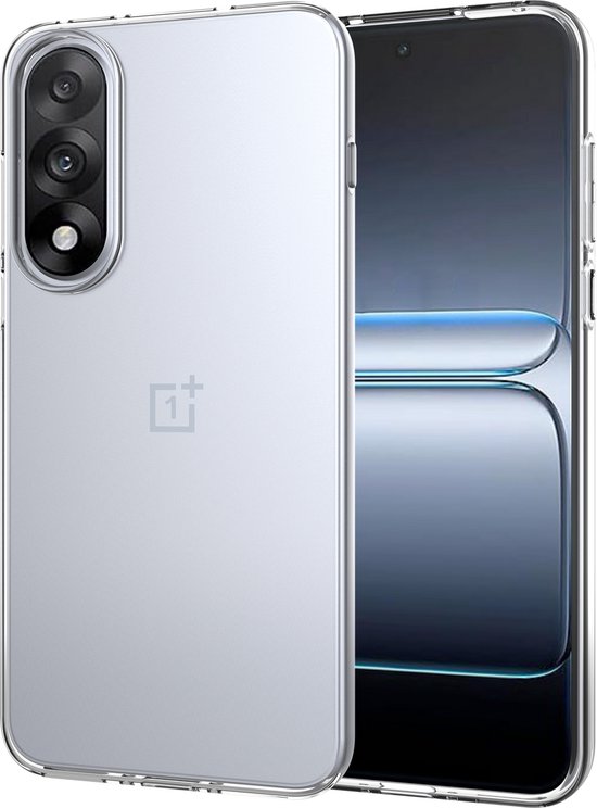 Coque de téléphone transparente avec logo OnePlus au dos, à côté d'un téléphone OnePlus.