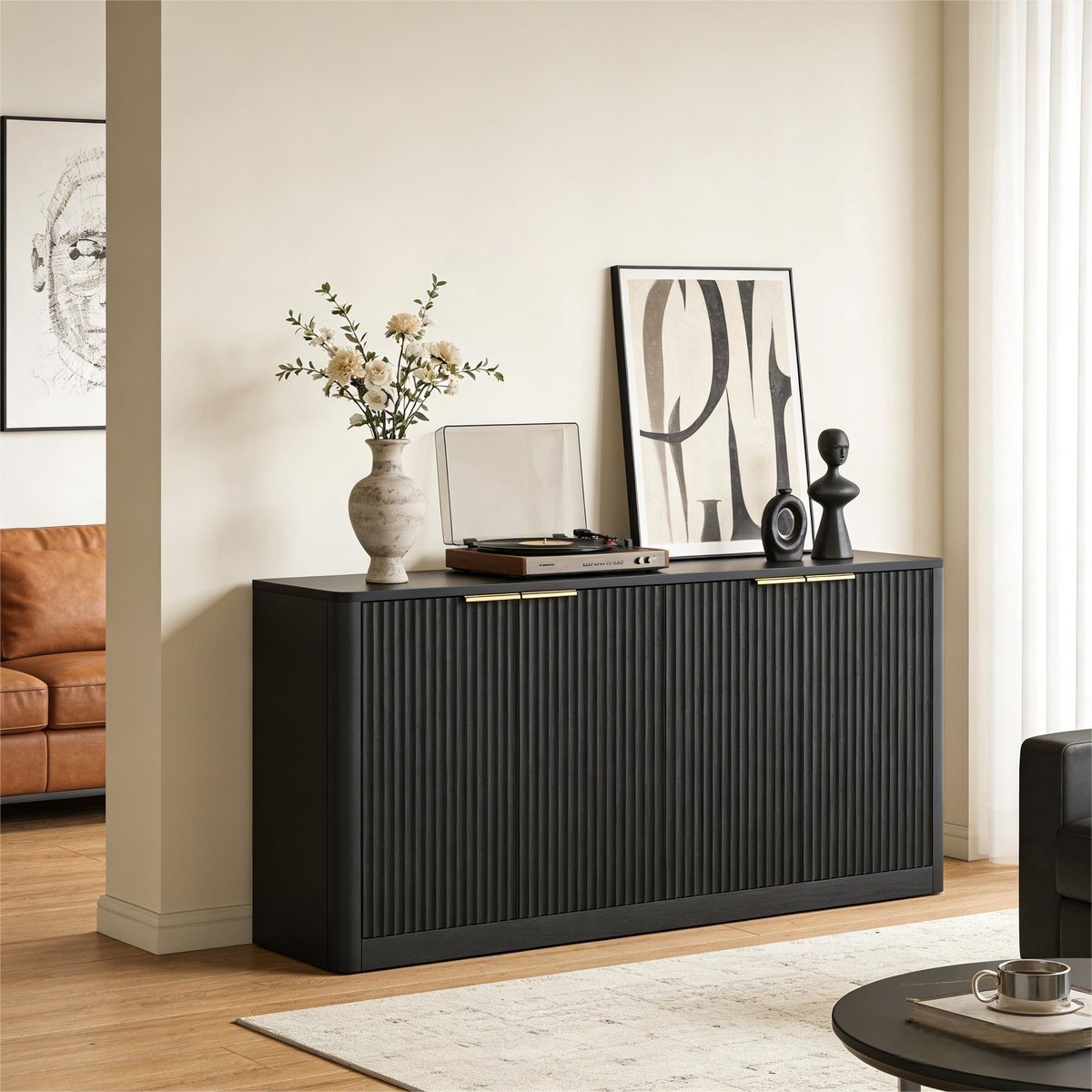 HAUSS SPOLE Dressoir - Golvend Frontdesign Met 4 Deuren - Voor Woonkamer En Hal - MDF - 150x40x70,5 cm - Zwart
