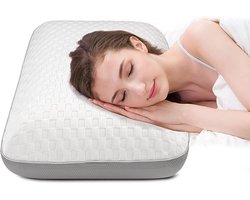 Traagschuim Kussen - Neksteun Kussen - Diepe Slaap - Verkoelende Wasbare Hoes - 70x40x15 cm - Wit Lichtgrijs