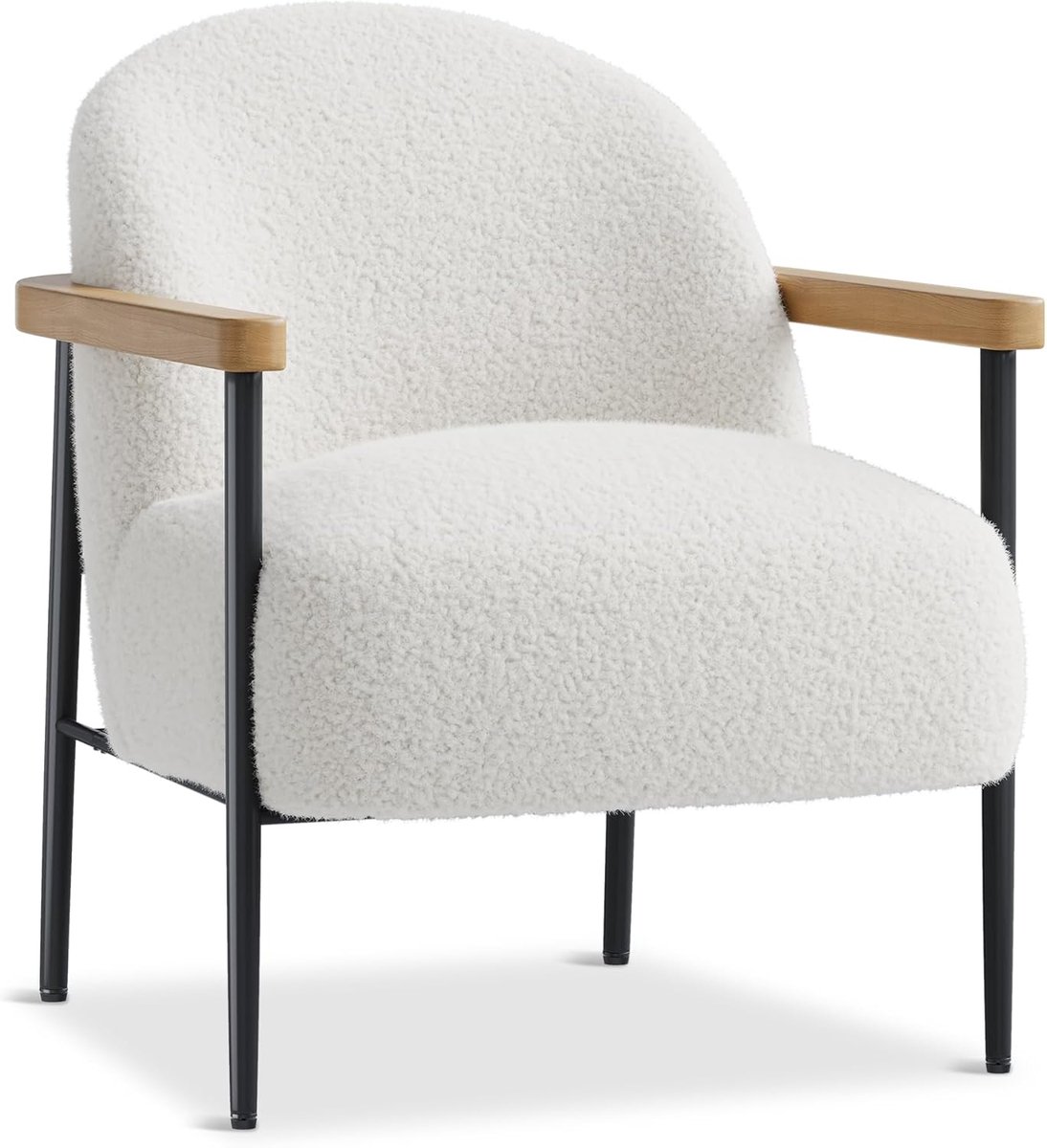 Moderne Teddy Fauteuil met Houtlook Armleuningen - Comfortabele Loungestoel / Leesstoel - Woonkamer & Slaapkamer - Wit