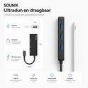 Hub USB Sounix noir avec 3 ports USB 3.0 et connecteur USB-C, câble de 60cm. Dimensions 9x1cm.
