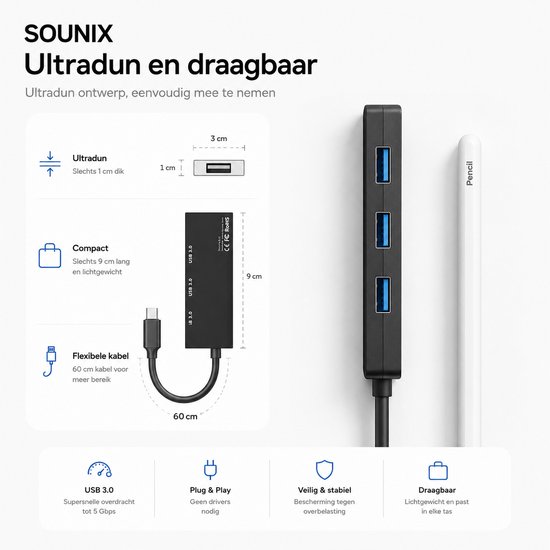 Hub USB Sounix noir avec 3 ports USB 3.0 et connecteur USB-C, câble de 60cm. Dimensions 9x1cm.