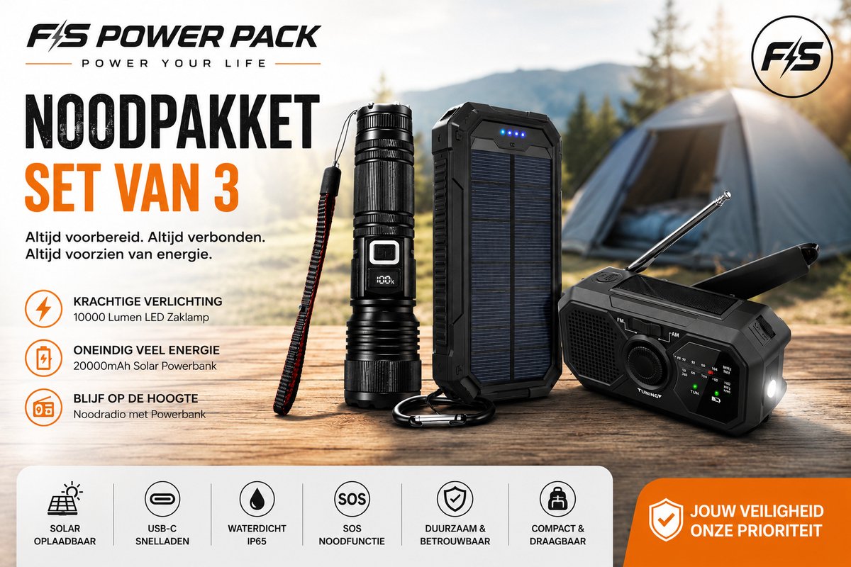 3 Pack! Compleet Noodpakket voor Thuis & OutdoorFS Power Pack Noodpakket Set van 3 – Noodradio + 20000mAh Solar Powerbank + 10000 Lumen Oplaadbare Zaklamp – USB-C – Zonne-Energie – Waterdicht –Outdoor Survival Kit–Camping–Stroomuitval–Noodpakket 2026