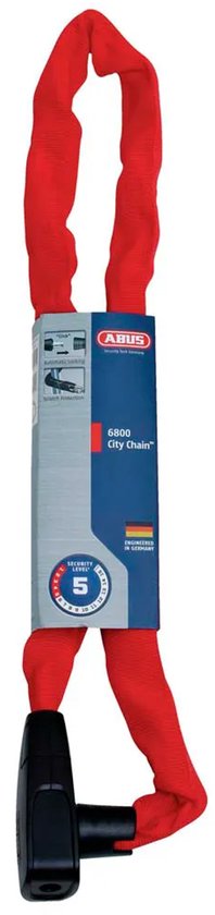 ABUS 6800 City Chain kettingslot in verpakking. Rood met witte ABUS logo's. Security Level 5.