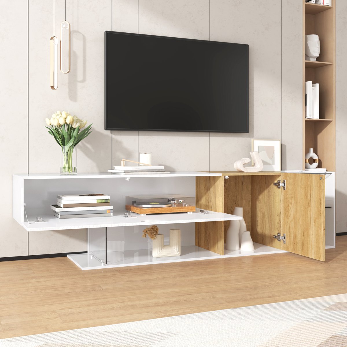 MODFU - TV-Meubel - Met Opbergruimte En Glazen Planken - Minimalistisch - Voor Woonkamer - Spaanplaat - Wit En Houtlook - 180 cm