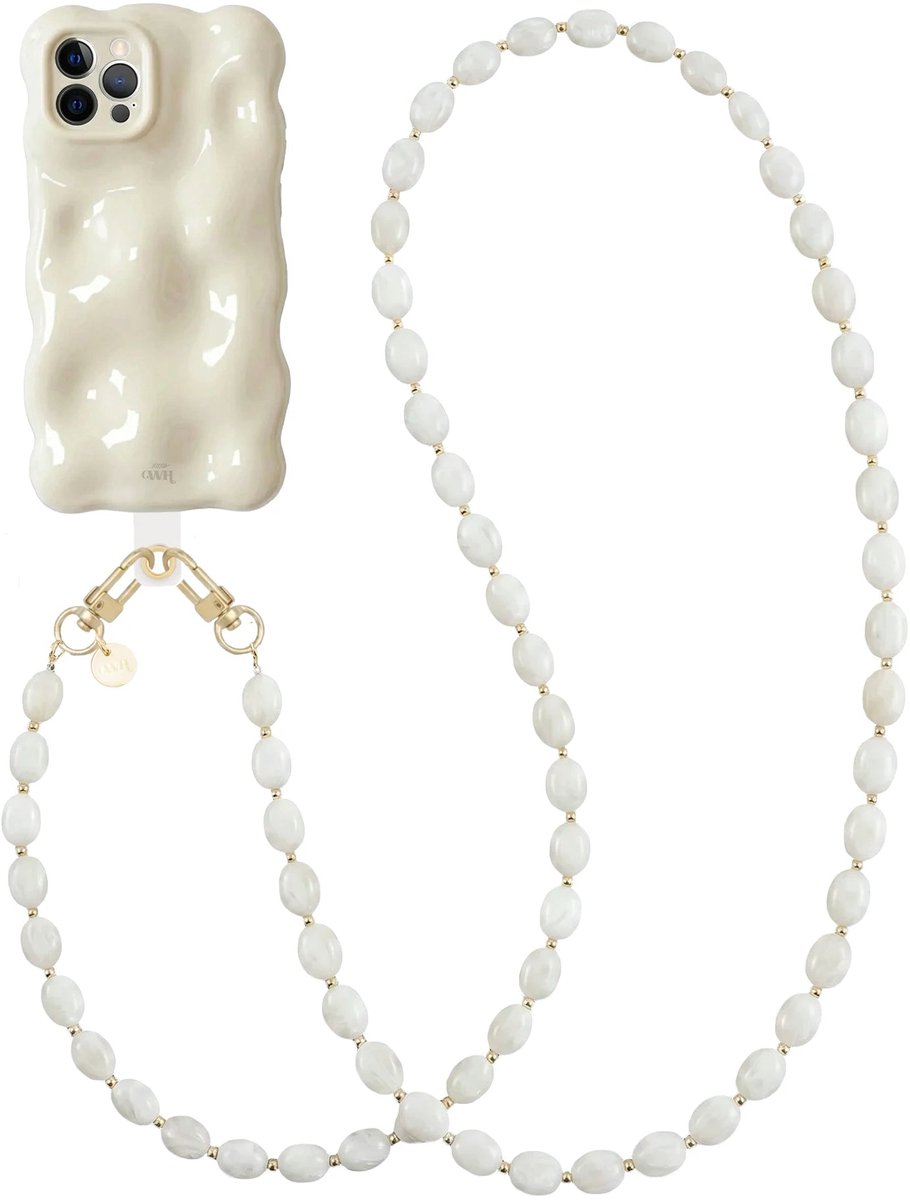 xoxo Wildhearts Bubbly case Cloud Dancer - Ocean Sand Cord (lang) - Geschikt voor iPhone 12 Pro Max - Hoesje met bobbeltjes inclusief telefoonkoord - Krullende golfvorm - schokbestendig - Telefoonhoesje met koord - Koord ook afneembaar - Beige