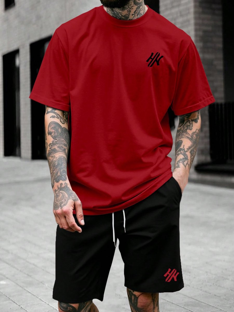Modieuze Comfortabele Casual Heren T-shirt en Shorts Set met Tattoo Design 2XL Rood