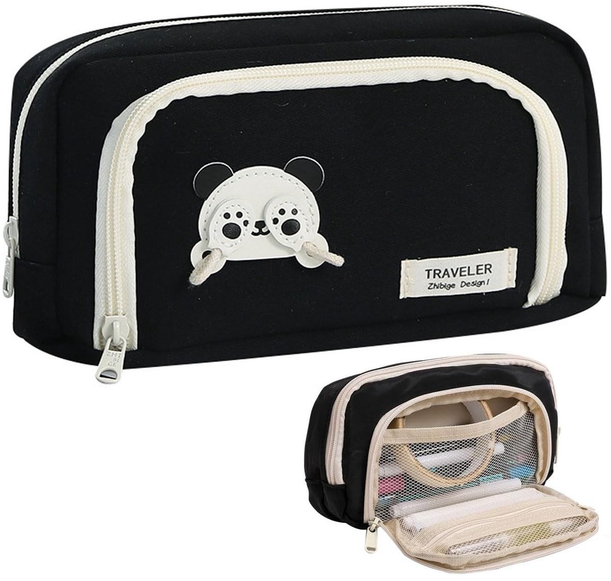 Dailygoods - Kawaii Panda pennenetui - Grote capaciteit - Perfect voor school - Zwart - Multi-vakken etui - Geschikt voor jongens en meisjes - Schoolt