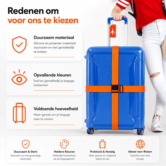 Twee oranje kofferbanden om een blauwe koffer, met oranje bagagelabels met vliegtuig-icoon.