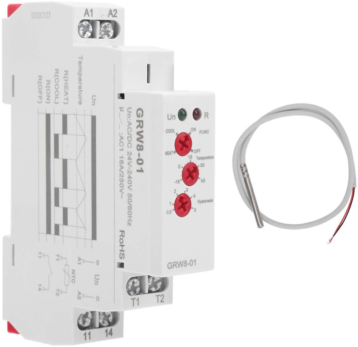 Jhubersproducts - Temperatuurregelrelais - Temperatuurbewaking - Digitale thermostaat - Railinstallatie - Hoge/lage temperatuur - Geschikt voor AC/DC