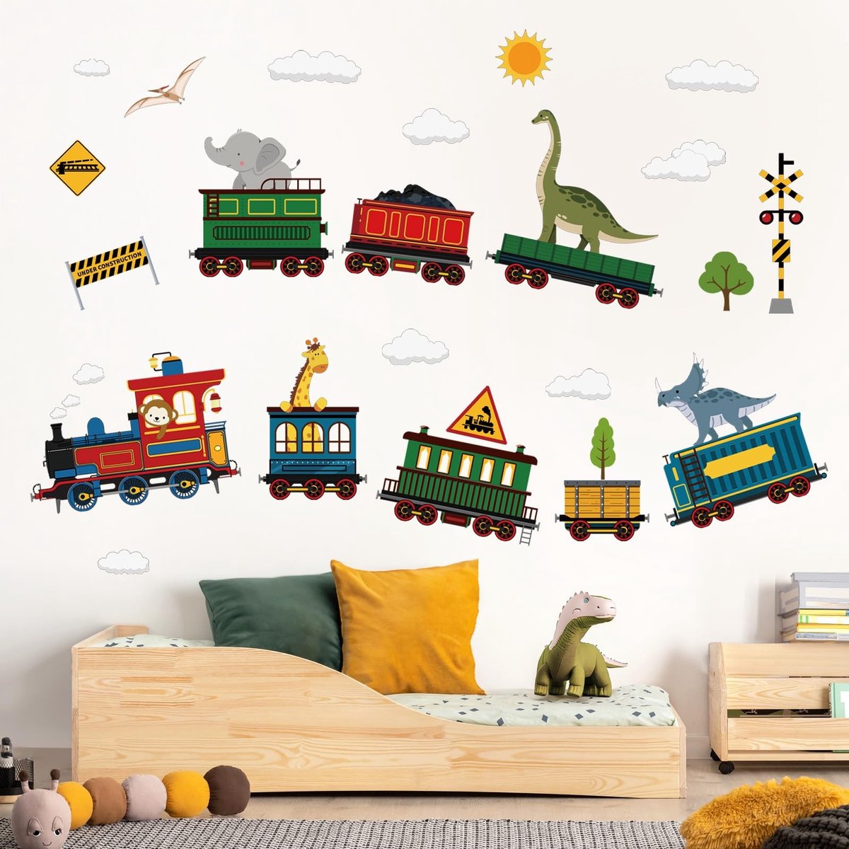 Elzusha - Dieren Trein Muurstickers - Dinosaurus Olifant Giraffe - Muur Decor - Kinderslaapkamer - Speelkamer Decoratie - Geschikt voor Binnen