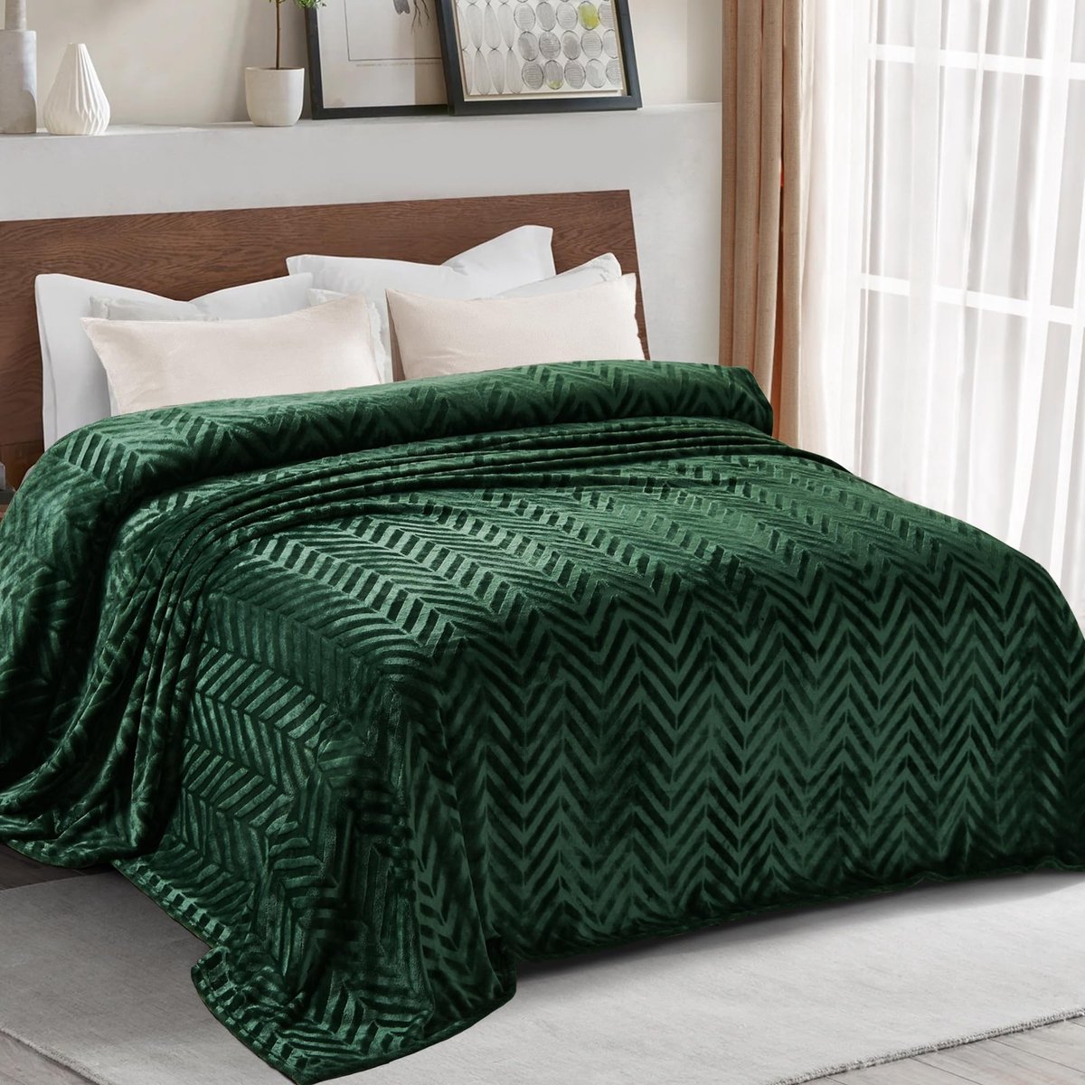 Dailygoods - Knuffeldeken - Superzacht - 150 x 200 cm - Donkergroen - Chevronpatroon - Warm en behaaglijk - Geschikt voor volwassenen