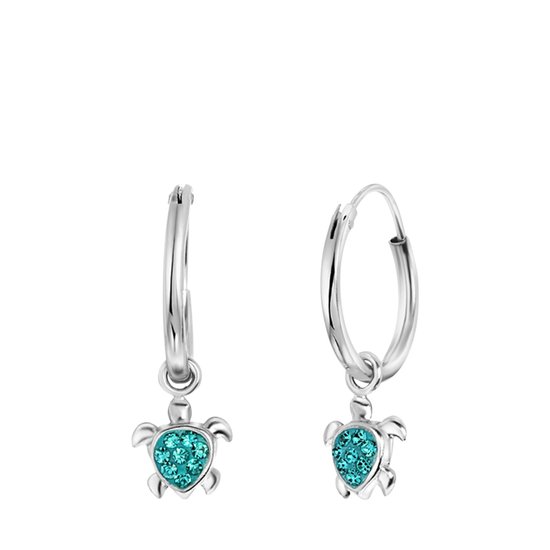 Créoles argentées avec pendentifs tortues incrustées de cristaux bleus.