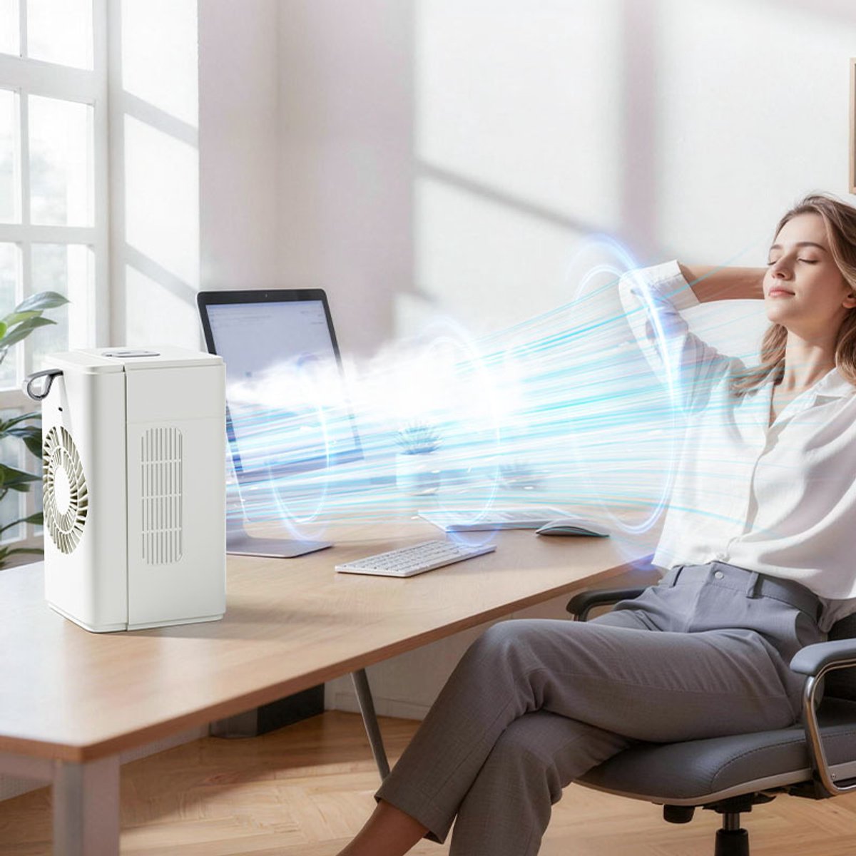 Airco -Mobiele Airco en Luchtkoeler met Mistbevochtiging - Premium Mini Cold Air Fan 500ml - Stille Tafelventilator 18 dB met Klok en Temperatuurweergave-Oplaadbaar - Draagbare Luchtkoeler voor Slaapkamer en Kantoor – foto 4