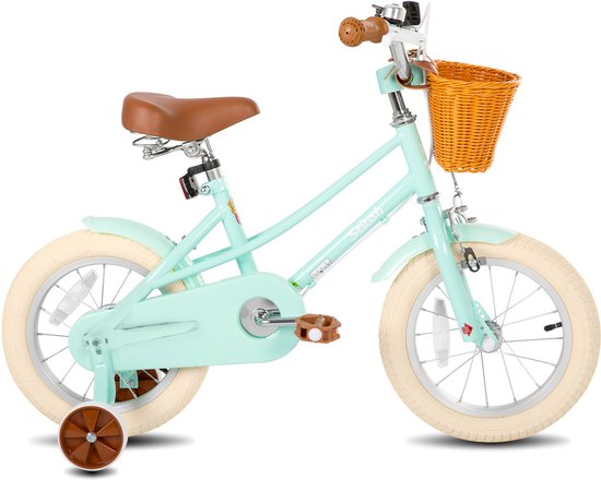 Mintgroene kinderfiets met bruin mandje, bruin zadel en zijwieltjes.