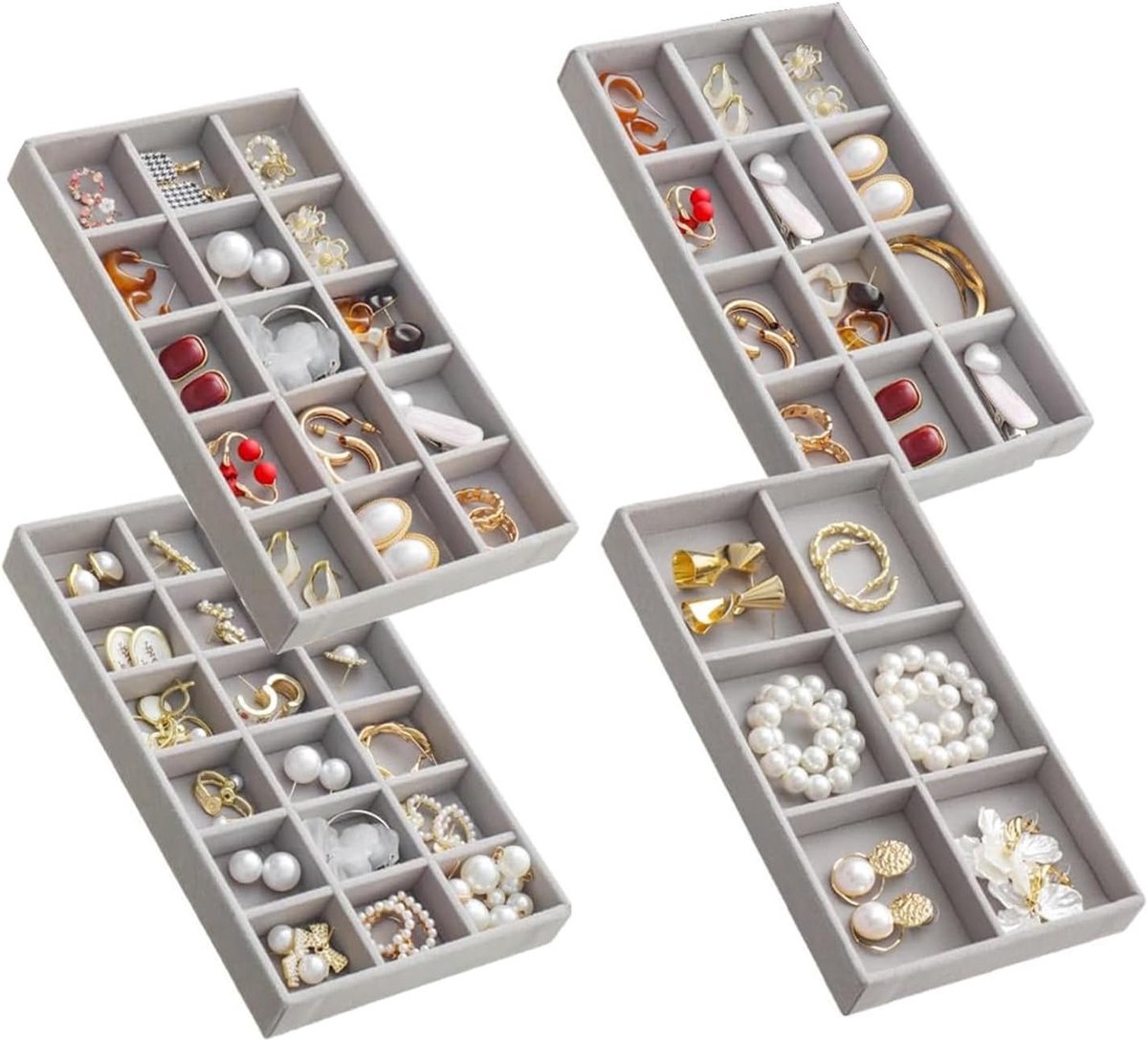 SnelShoppen - Set van 4 Juweel Organizers voor Lade, Velvet Juwelen Tray voor Oorringen, Sieraden Opbergdoos (Grijs)