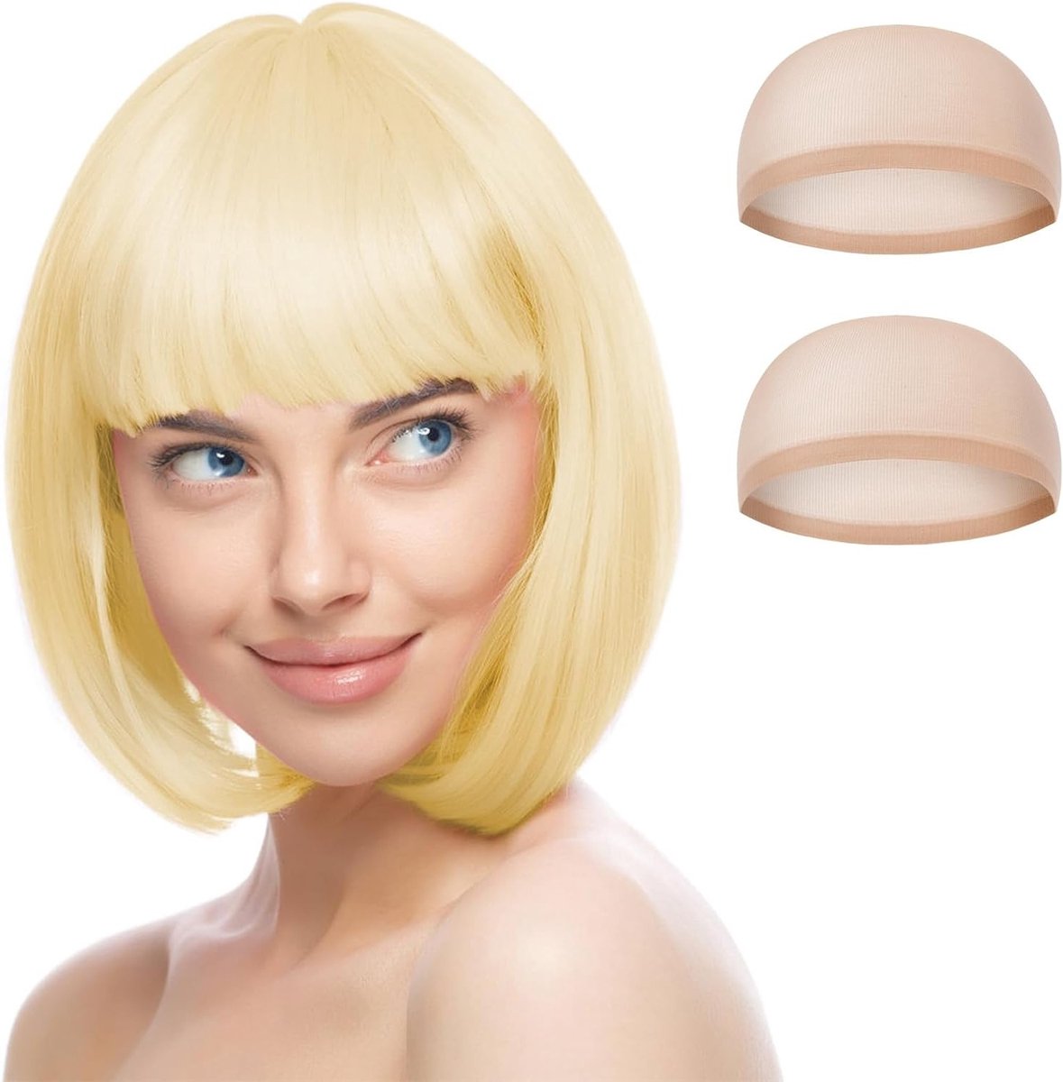 Set van 3 Korte Witte Gouden Bob Perücken met 2 Hoofdbanden, Cosplay Party Accessoires, Synthetische Rechte Haarstukken voor Halloween en Feestjes