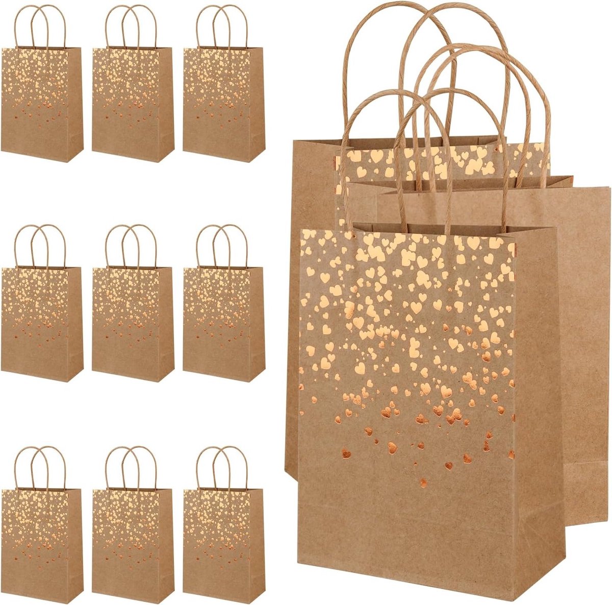 Set van 12 Bruine Papieren Tassen met Handvat, 21 x 15 x 8 cm, Kleine Kraft Tassen met Hartdecoratie voor Verjaardagen, Bruiloften en Feestjes