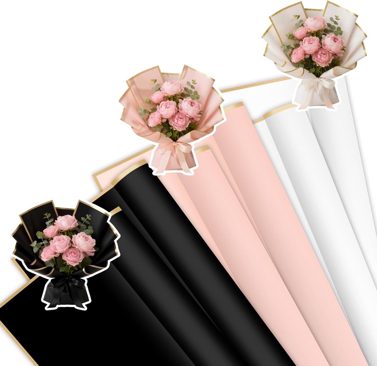 60 vellen waterdicht cadeaupapier met bloemen en gouden rand voor geschenkverpakking en handwerk, ideaal voor bruiloften en afstuderen, in roze en zwart