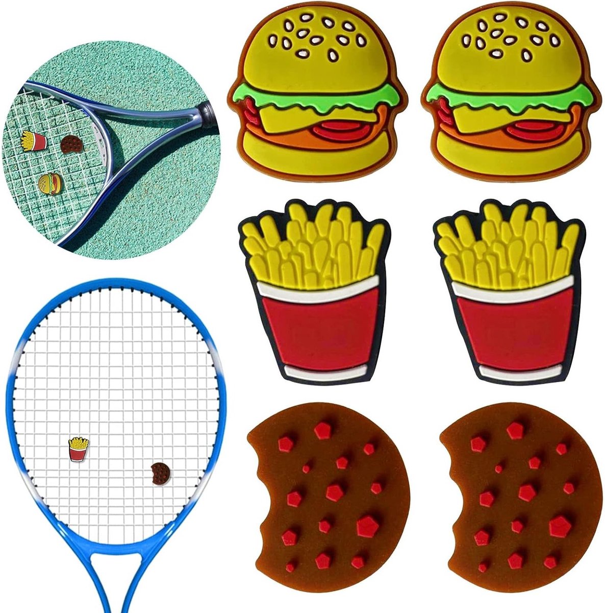 Tennis Racket Schokabsorber, 6 Stuks Vibratie Demper in Leuke Hamburger Vorm voor Sport en Buitenactiviteiten, Ideaal voor Tennis en Verbeterde Speelervaring