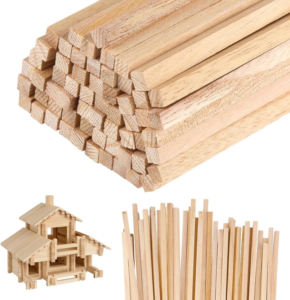 60 Stuks Houten Stokken voor Creatieve Projecten, Vierkante Lange Houten Strips, Onbehandelde Houten Dowel Stokken voor DIY Handgemaakte Modellen en Huishouddecoratie