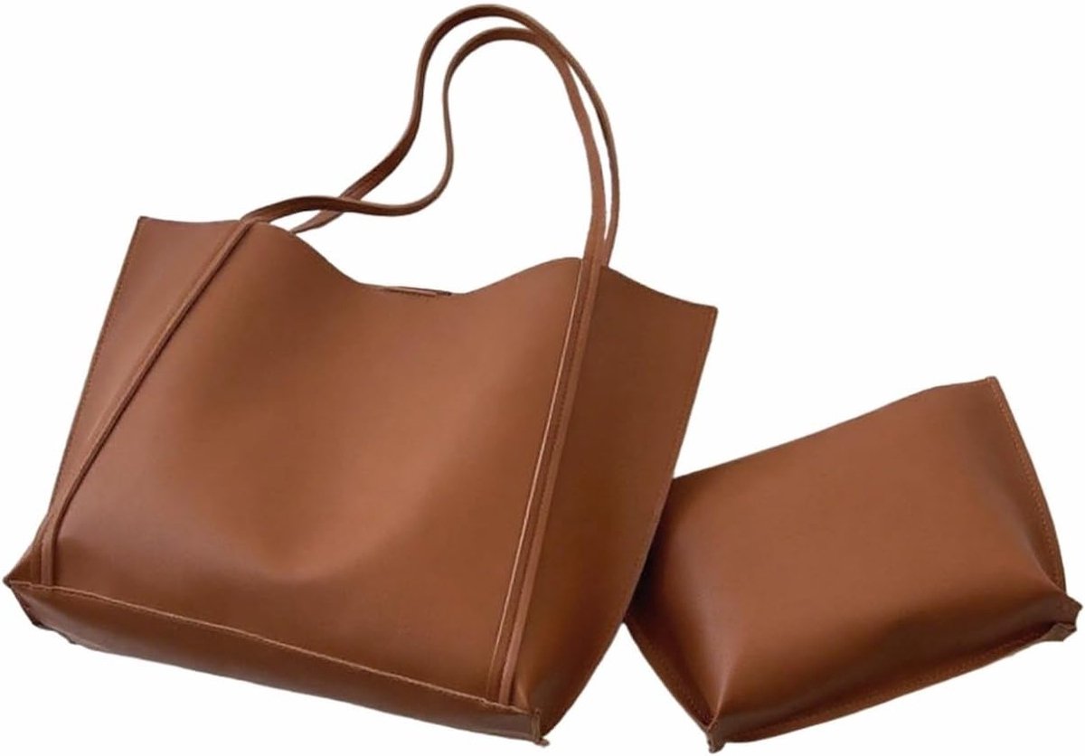 Stijlvolle PU leren handtas voor vrouwen, ideaal voor werk, school en winkelen, inclusief kleine tas (bruin)