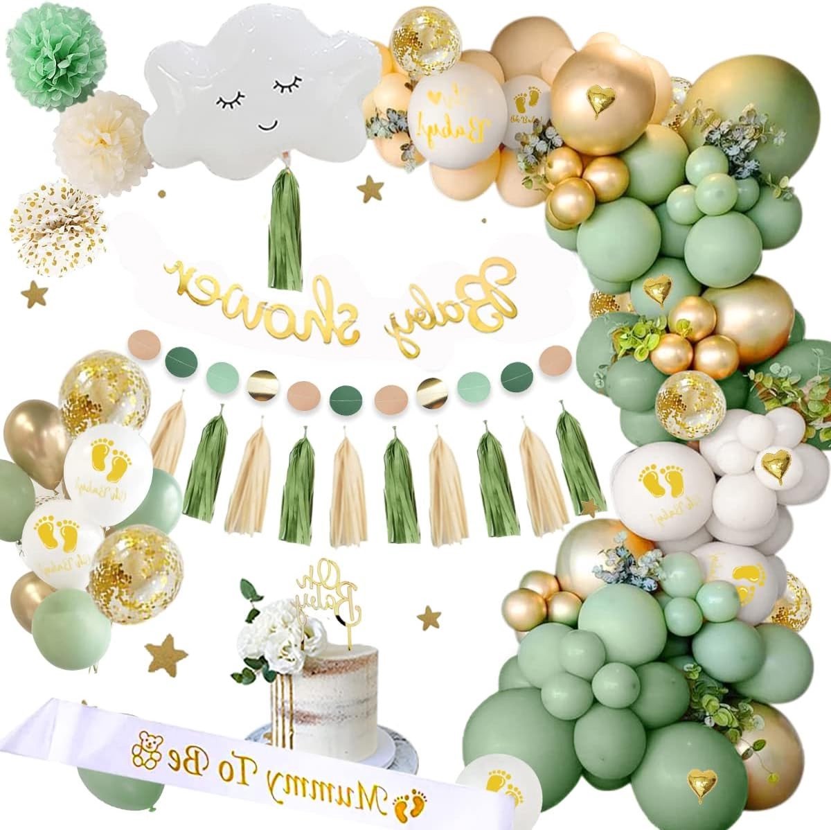 Feestelijke Baby Shower Decoratie voor Jongens en Meisjes, Groene Salie Versiering met Mummy to Be Sjaal, Oh Baby Banner, Taarttopper en Ballonnen voor Gender Reveal en Doopfeest