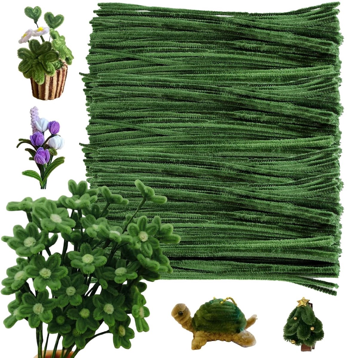 Set van 300 Pijpenragers voor Creatieve Projecten, Groene Craft Sponzen voor Kerstdecoratie en Pasen, 6 mm x 30 cm