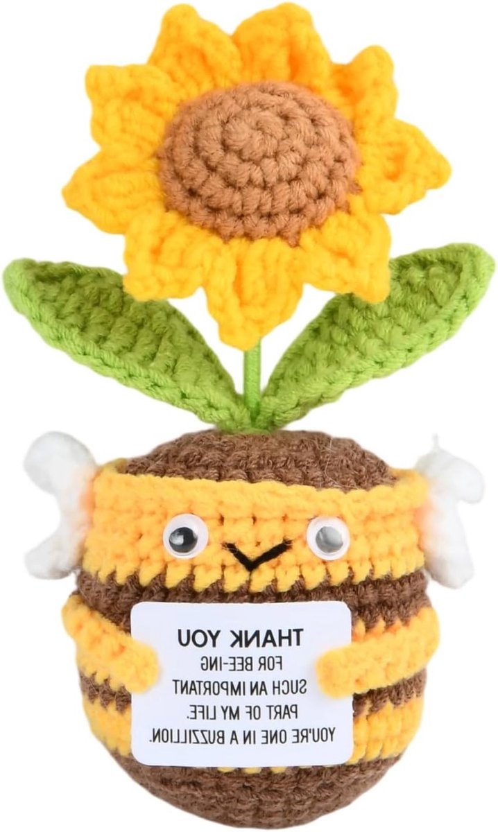 Handgemaakte Zonnebloem Haakbeestje en Bedankje, Schattige Zonnebloem Decoratie voor Bureau, Positief Cadeau voor Vriend, Familie en Collega's, Unieke Haakbloemen