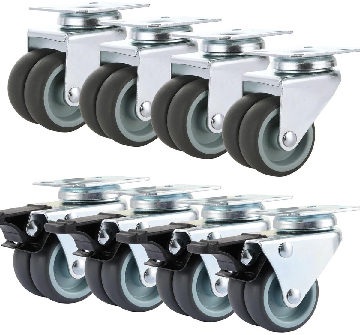 Set van 8 Zwenkwielen 50 mm, Sterke Meubelwielen met Rem tot 220 kg, Dubbele Wielen voor Binnen en Buiten, Ideaal voor Meubels en Transport