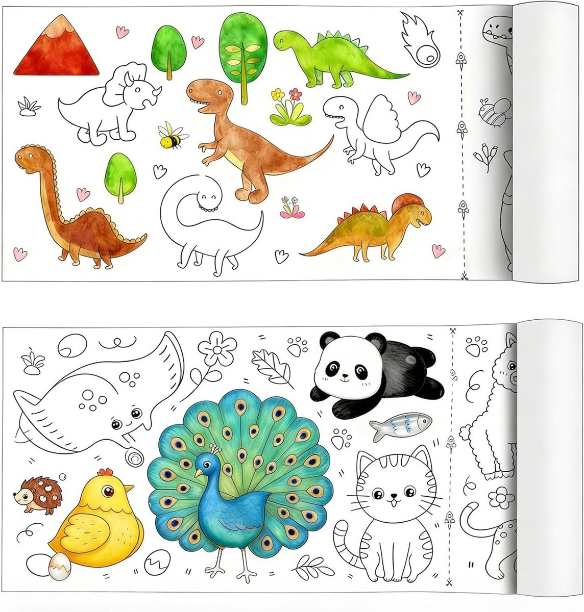 2 Rollen Kindertekentpapier 300 x 30 cm - Afbreekbaar Zelfklevend Papier voor Creatief Tekenen, Kleurplezier met Dieren en Dinosaurussen
