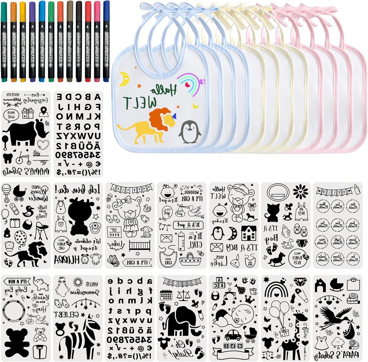 12 Stuks Waterdichte Babyluiers met 16 Tekenmalen en 12 Textielstiften voor Babyshowers en Decoratie Spellen, Geschikt voor Jongens en Meisjes