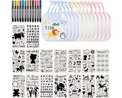 12 Stuks Waterdichte Babyluiers met 16 Tekenmalen en 12 Textielstiften voor Babyshowers en Decoratie Spellen, Geschikt voor Jongens en Meisjes