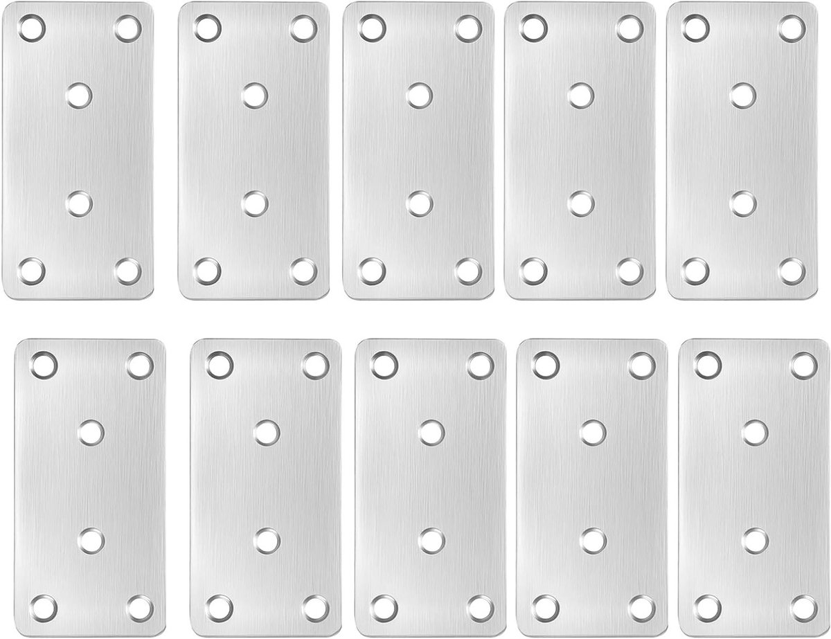 Set van 10 platte connectors, 80 x 40 x 1,75 mm, perforatiedplaat voor houtverbindingen, roestvrij staal, stevige verbindingselementen