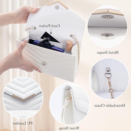 Elegante Vegan Leren Clutch in Wit met Polssteun en Ketting voor Avond, Bruiloft en Feestjes - Perfecte Handtas voor Prom en Banquet 23x16 — afbeelding 4