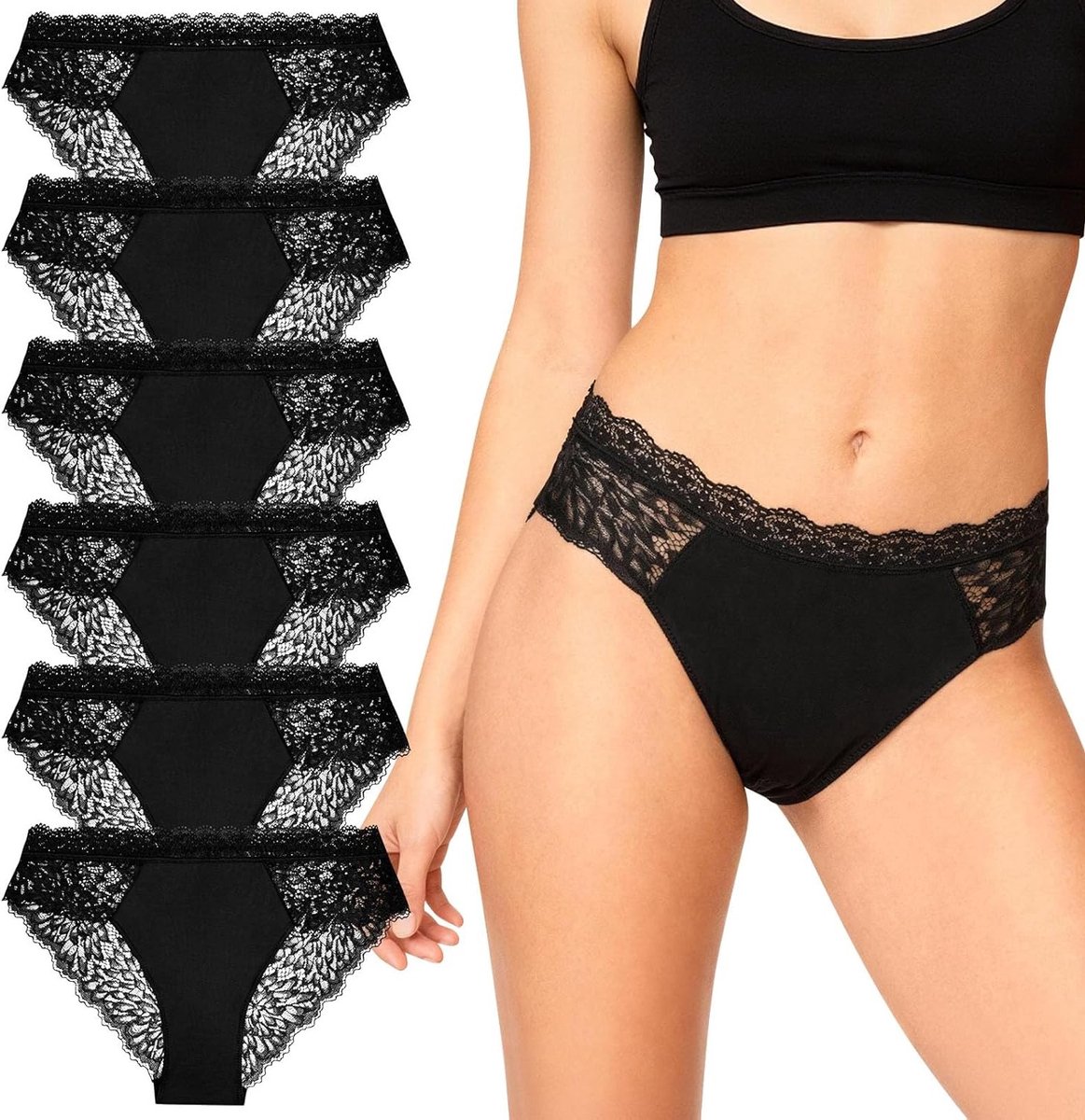 Set van 6 Zwarte Damenslips met Kantdetails, Comfortabele Ondergoed voor Elke Dag, Maat L