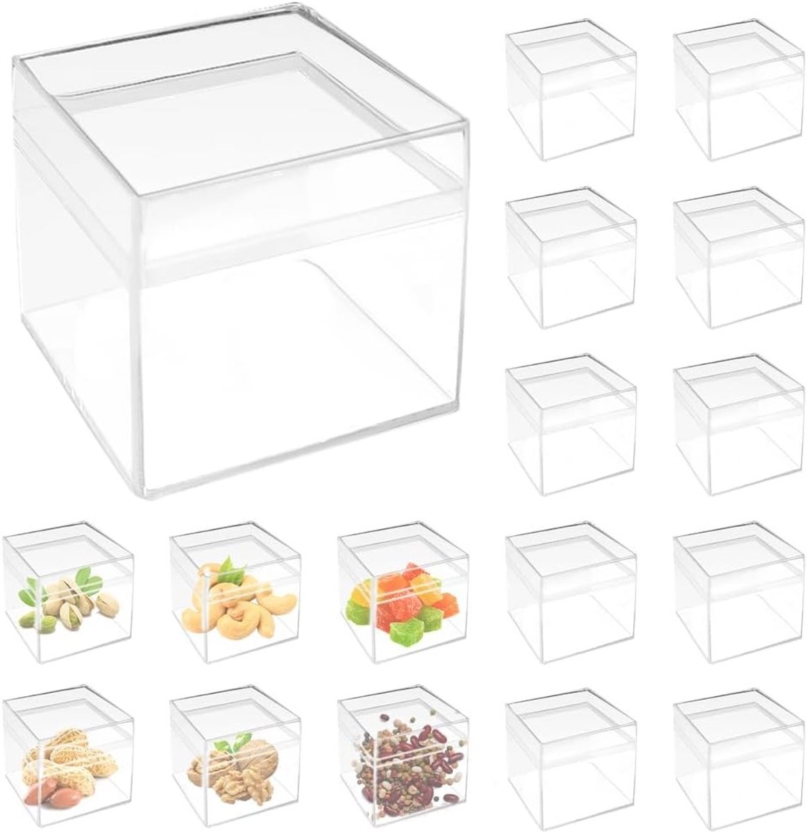 Set van 24 transparante plastic vierkante kubussen, mini opslagcontainers met deksel, ideale opbergoplossing voor kleine voorwerpen