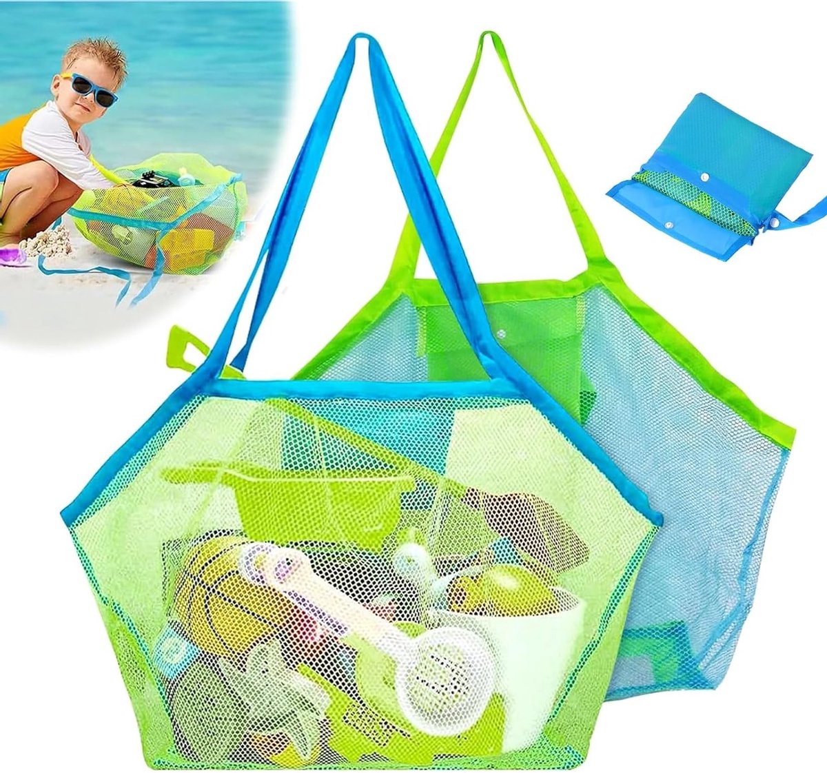 Duurzame en Vouwbare Strandtas - Grote Mesh Tas voor Strandspellen, Zand Speelgoed en Vakantiegebruik, Ideaal voor Gezinnen en Buitenactiviteiten