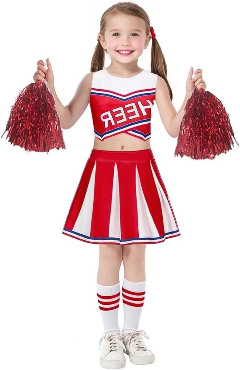 Cheerleader-kostuum voor kinderen met pompons en hoofdsieraad, perfect voor schoolspel, Halloween en verkleedfeestjes voor 4-12 jaar
