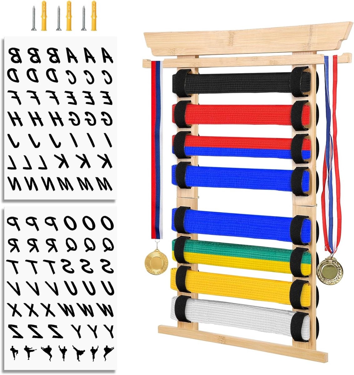 Bamboe Wandhouder voor 8 Martial Arts Straps - Ideaal voor Judo, Karate en Medailles - Persoonlijk Cadeau voor Vechtkunstliefhebbers
