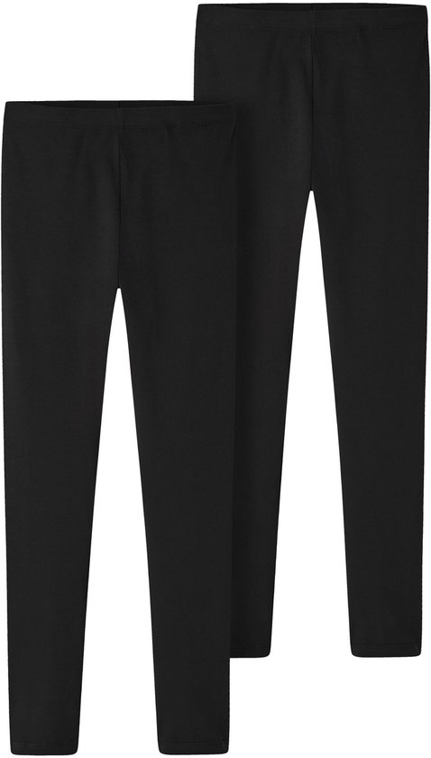 Twee zwarte meisjesleggings, beide met elastische tailleband.