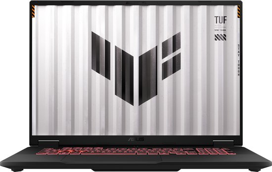 Zwarte ASUS TUF gaming laptop met een wit gestreept scherm waarop een zwart logo met "TUF" en "STAY TOUGH" staat. Het toetsenbord is rood verlicht.