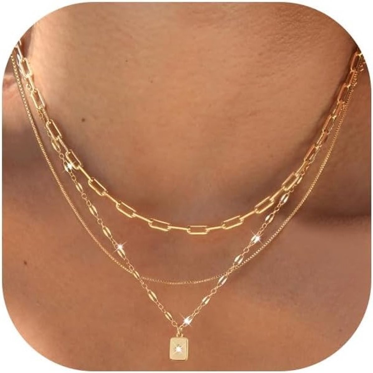 Set van 3 Gelaagde Gouden Kettingen met Paperclip Schakel, Verstelbare Choker en Elegante Hanger voor Dames, Waterbestendig en Modebewust